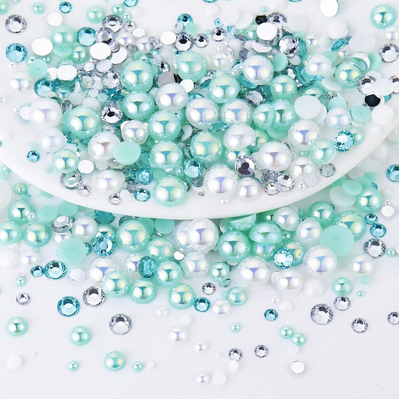 Towenm 60g Mixed Flatback Pearls and Rhinestones for Crafts, Tumblers, Shoes, Face Nail Art, 2mm-10mm Half Pearls and Flatback Rhinestones for Bedazzling, Aquamarine|White - Image 1